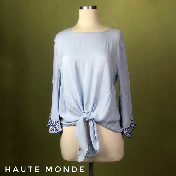 HAUTE MONDE Light Blue Embroidered Tied Waist Top women Large Chambray Blouse - Picture 1 of 7